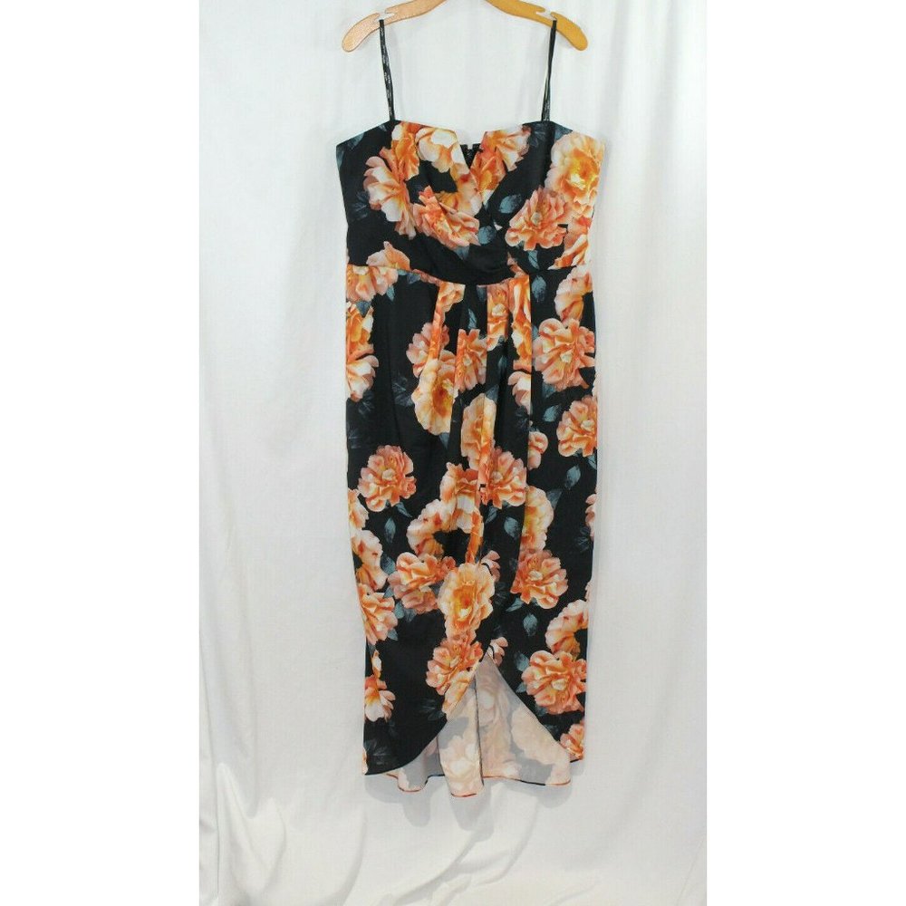 City Chic Black Floral Midi Dress with Orange Blooms